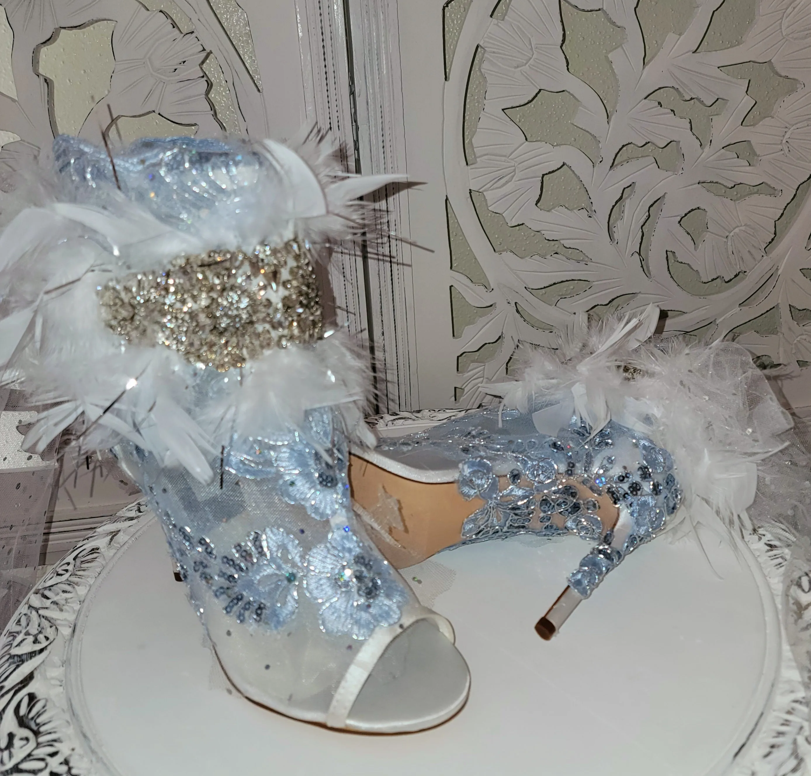 "KARA" Something Blue Feather Crystal Ankle Boots