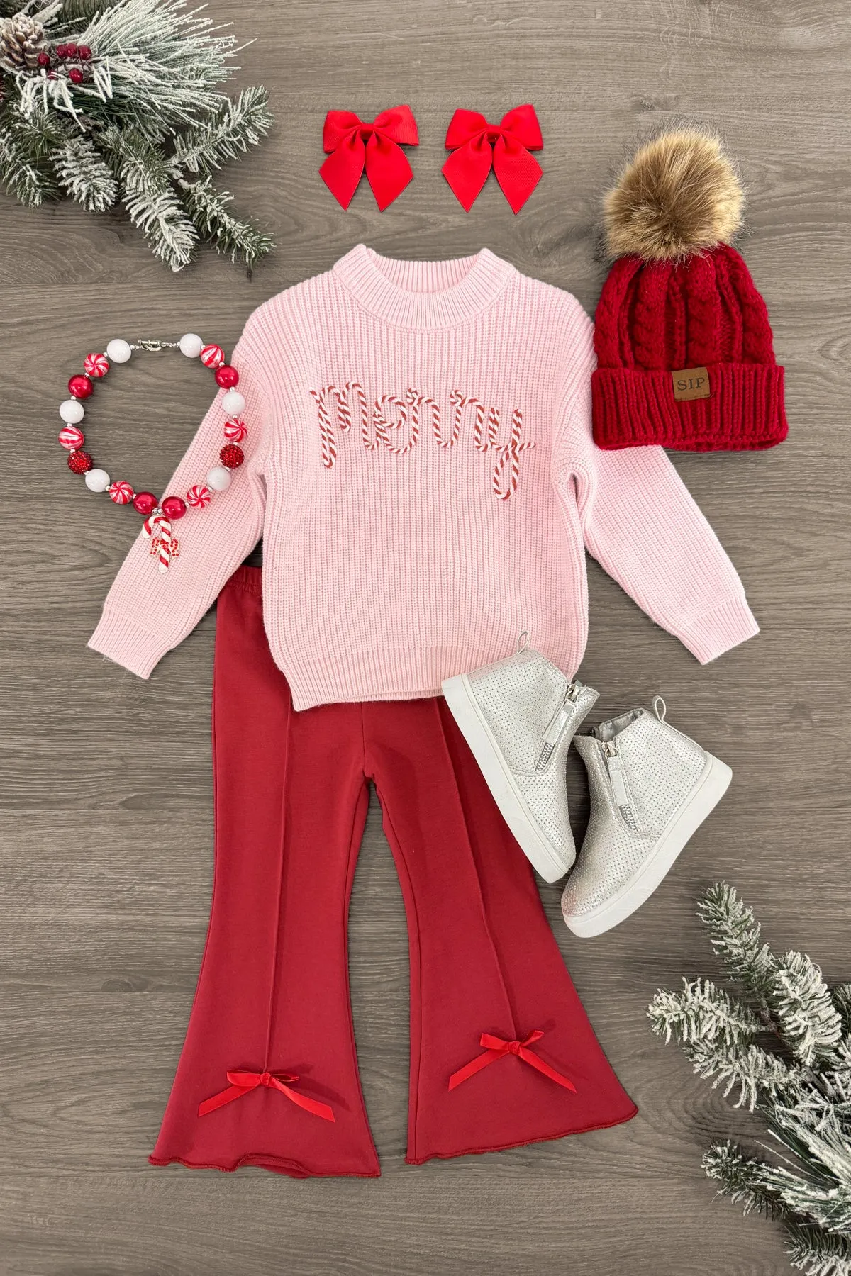 "Merry" Knit Pink Sweater Flare Pant Set