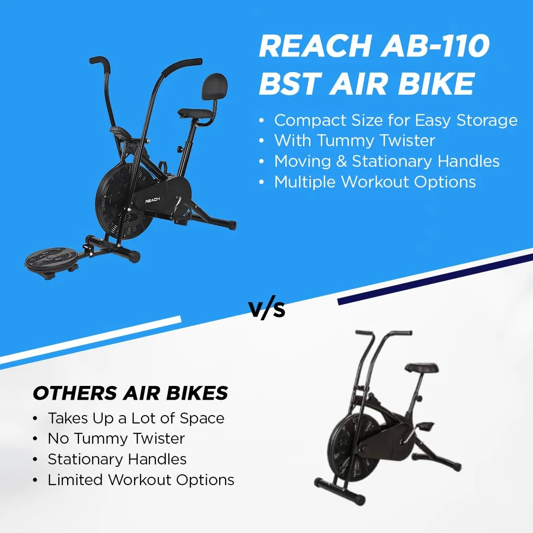 Reach AB-110 BST Air Bike Exercise Cycle with Moving or Stationary Handle | with Back Support Seat & Twister | Adjustable Knob Resistance | Exercise Gym Cycle for Home Workout & Fitness