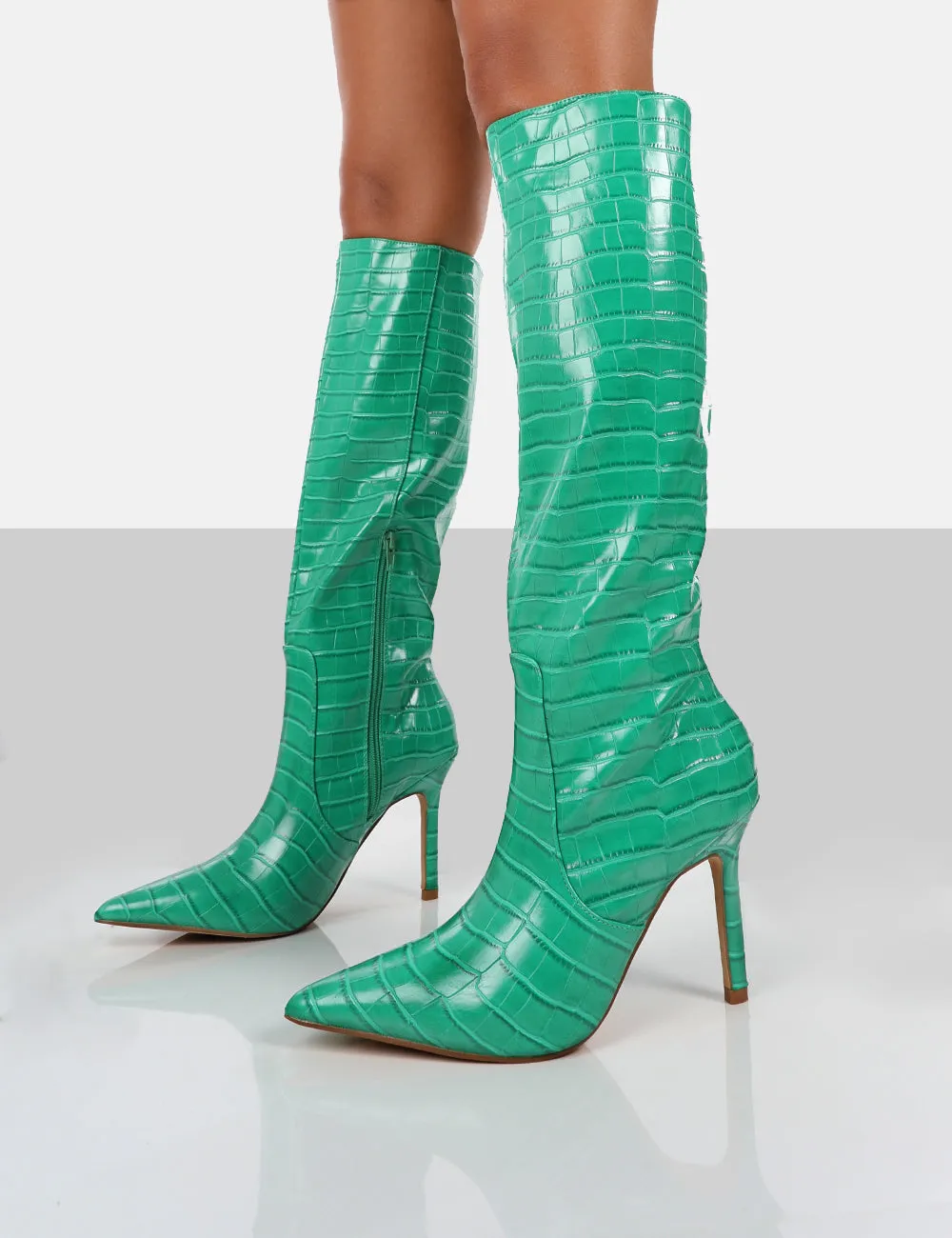 Rosalie Wide Fit Green Croc Heeled Pointed Toe Knee High Boots