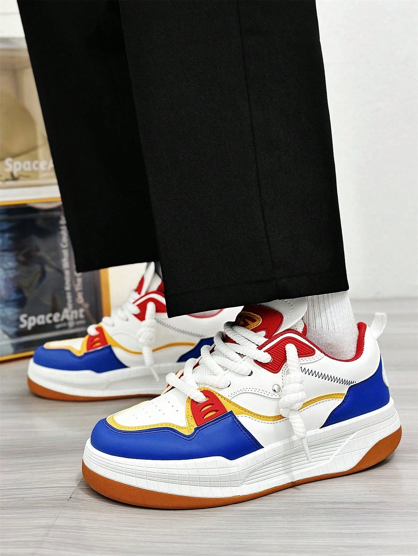 Sporty Skate Shoes For Men, Color block Lace-Up Front Sneakers