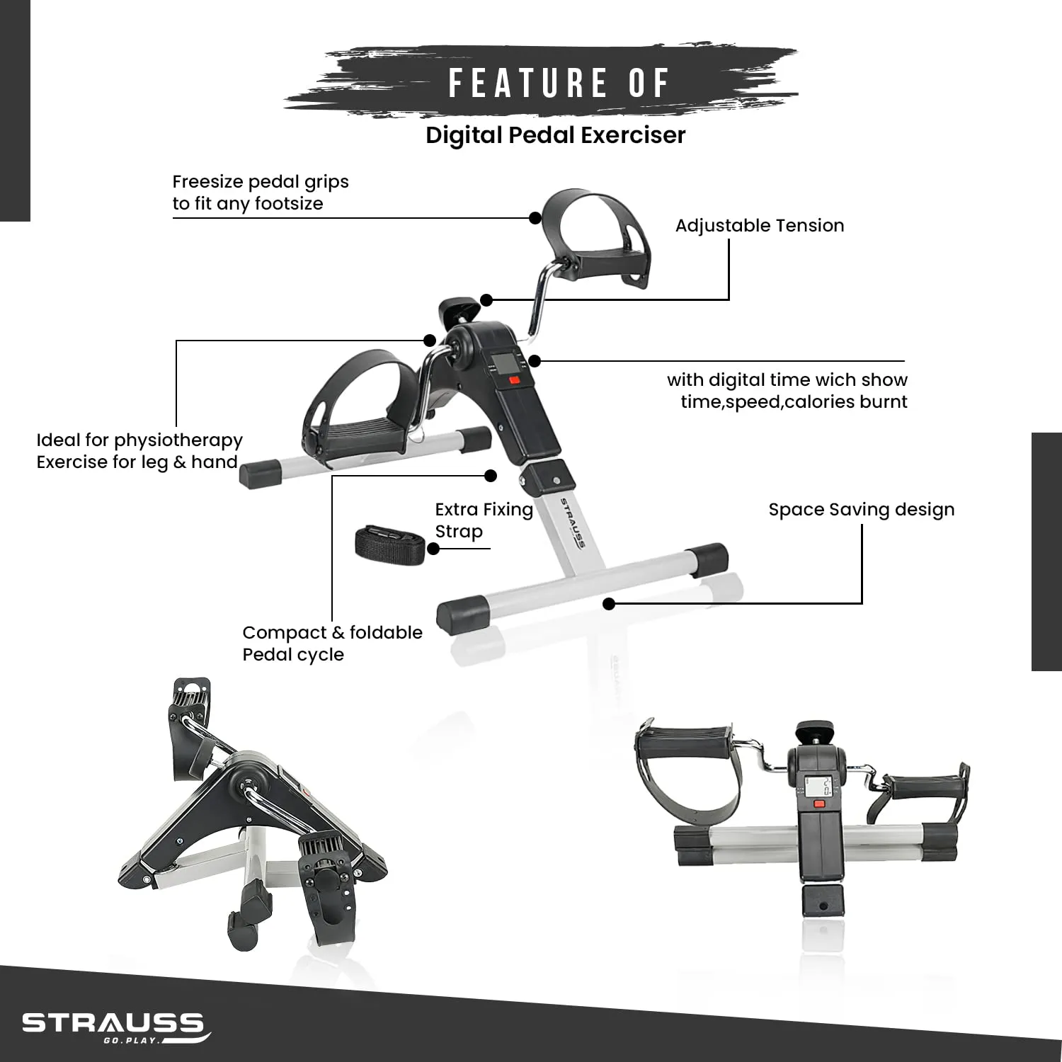 Strauss Digital Pedal Exerciser |Along with Adjustable Resistance and LCD Display | Portable and Foldable Mini Fitness Cycle | Suitable for Light Exercise of Legs & Arms, and Physiotherapy at Home