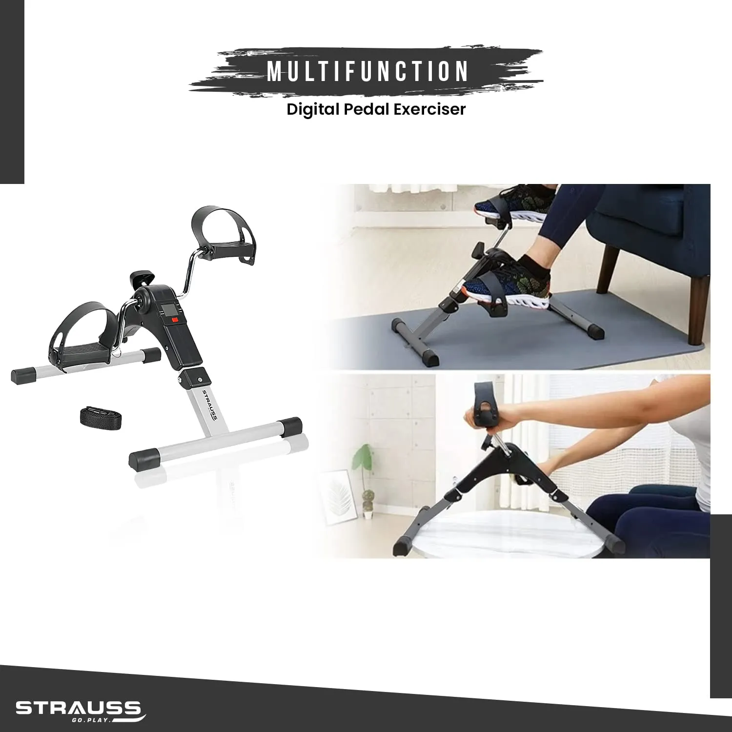 Strauss Digital Pedal Exerciser |Along with Adjustable Resistance and LCD Display | Portable and Foldable Mini Fitness Cycle | Suitable for Light Exercise of Legs & Arms, and Physiotherapy at Home