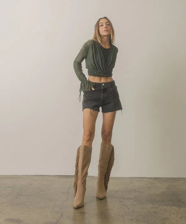 TEEK - Out West - Khaki Knee-High Fringe Boots