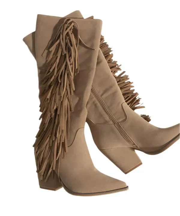 TEEK - Out West - Khaki Knee-High Fringe Boots