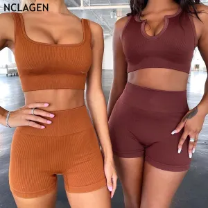 Two-piece Set Ins Seamless Knitting Sexy Gym Sport Workout Running Sports Short Bra Yoga Suit Tracksuit U-neck Fitness