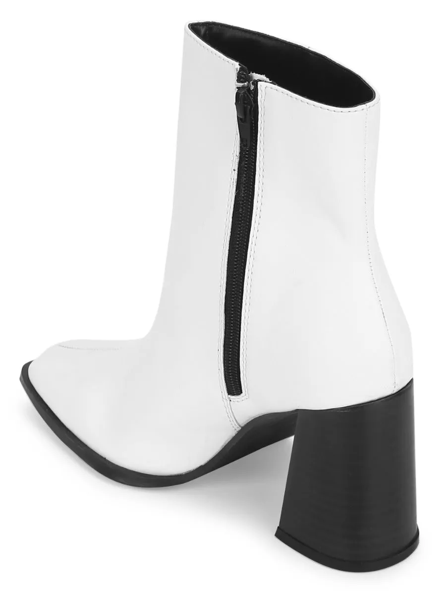 White PU Zip Up Square Toe Ankle Boots