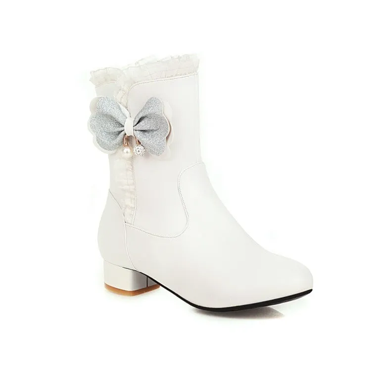 Women's  Bowtie Pearl Low Heel Short Boots