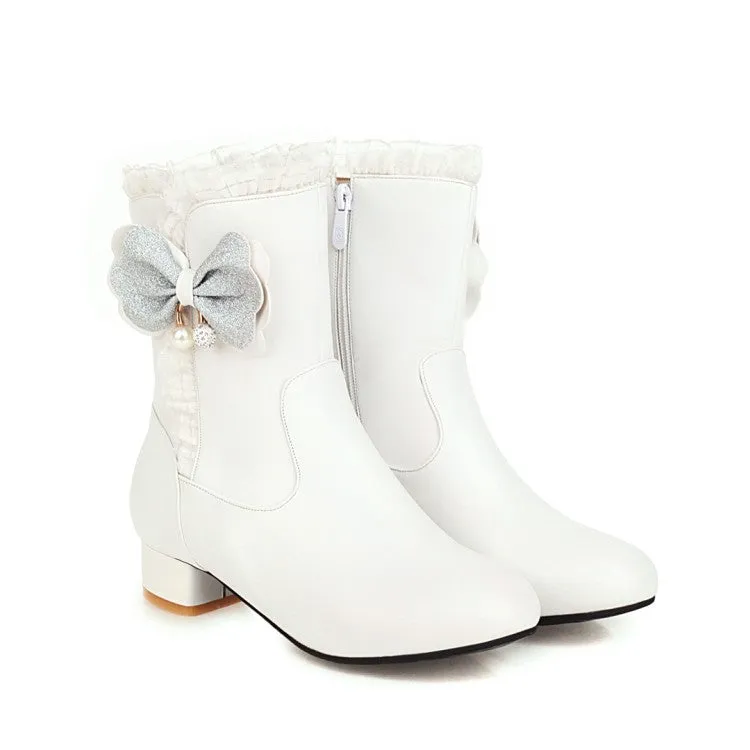 Women's  Bowtie Pearl Low Heel Short Boots