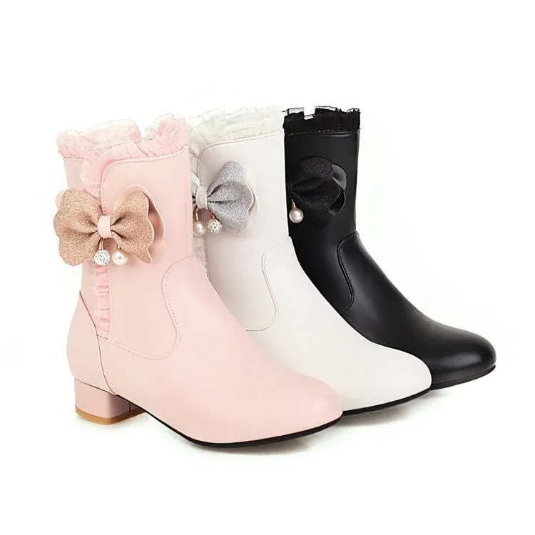 Women's  Bowtie Pearl Low Heel Short Boots