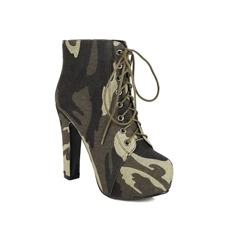 Women's Camouflage Round Toe Tied Belts Chunky Heel Platform Short Boots