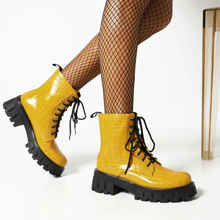 Women's Crocodile Pattern Glossy Square Toe Lace Up Short Boots