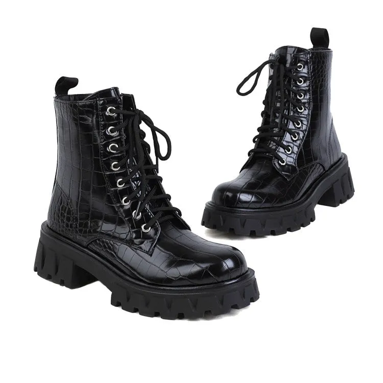 Women's Crocodile Pattern Glossy Square Toe Lace Up Short Boots