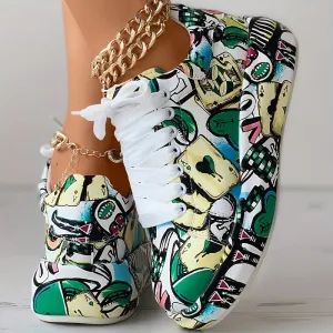 Women's Graffiti Print Platform Sneakers, Lace-Up Low Top Casual Skate Shoes