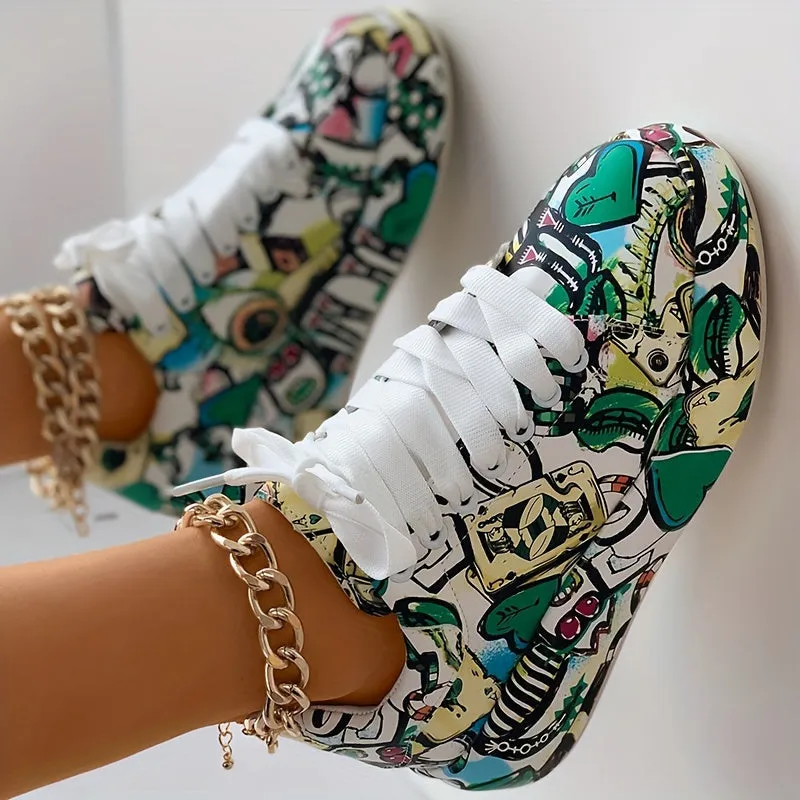 Women's Graffiti Print Platform Sneakers, Lace-Up Low Top Casual Skate Shoes