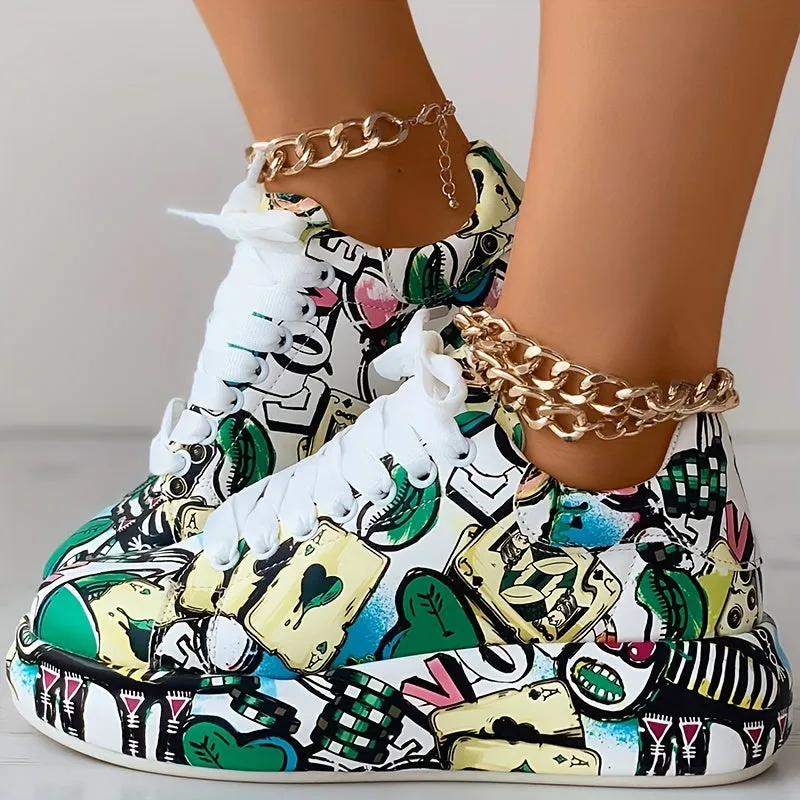 Women's Graffiti Print Platform Sneakers, Lace-Up Low Top Casual Skate Shoes