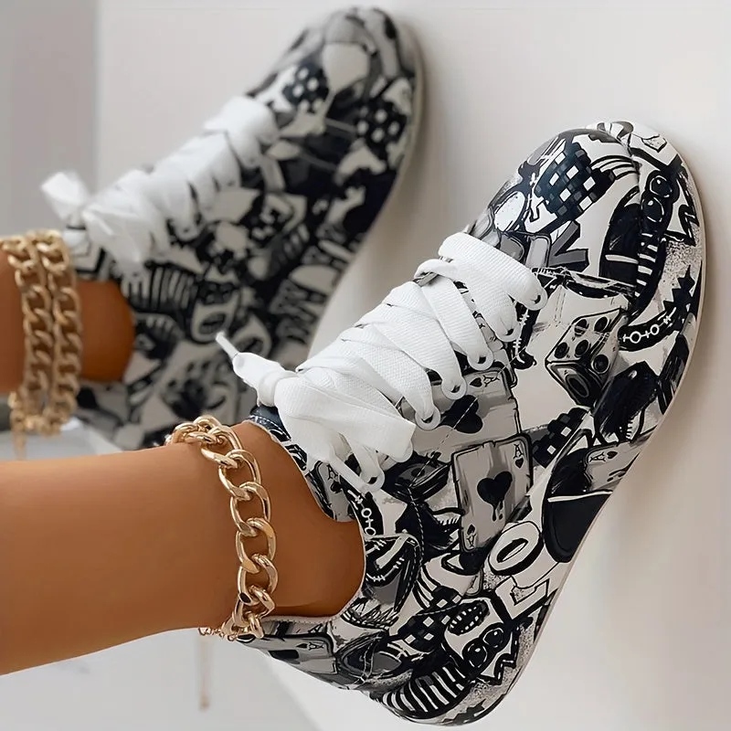 Women's Graffiti Print Platform Sneakers, Lace-Up Low Top Casual Skate Shoes