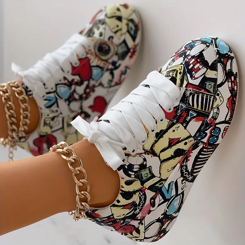 Women's Graffiti Print Platform Sneakers, Lace-Up Low Top Casual Skate Shoes