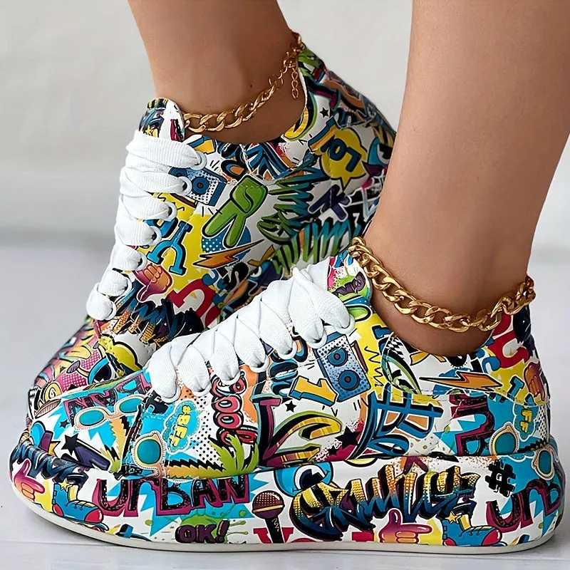 Women's Graffiti Print Platform Sneakers, Lace-Up Low Top Casual Skate Shoes