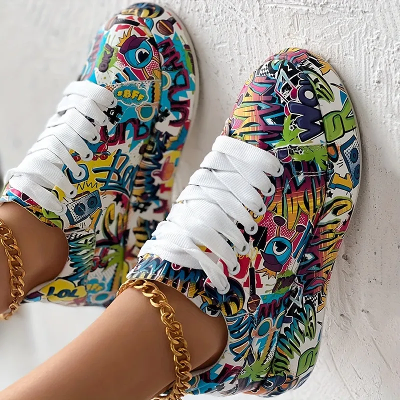 Women's Graffiti Print Platform Sneakers, Lace-Up Low Top Casual Skate Shoes