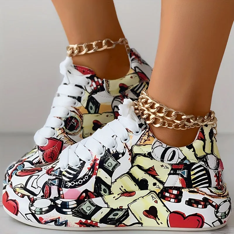 Women's Graffiti Print Platform Sneakers, Lace-Up Low Top Casual Skate Shoes