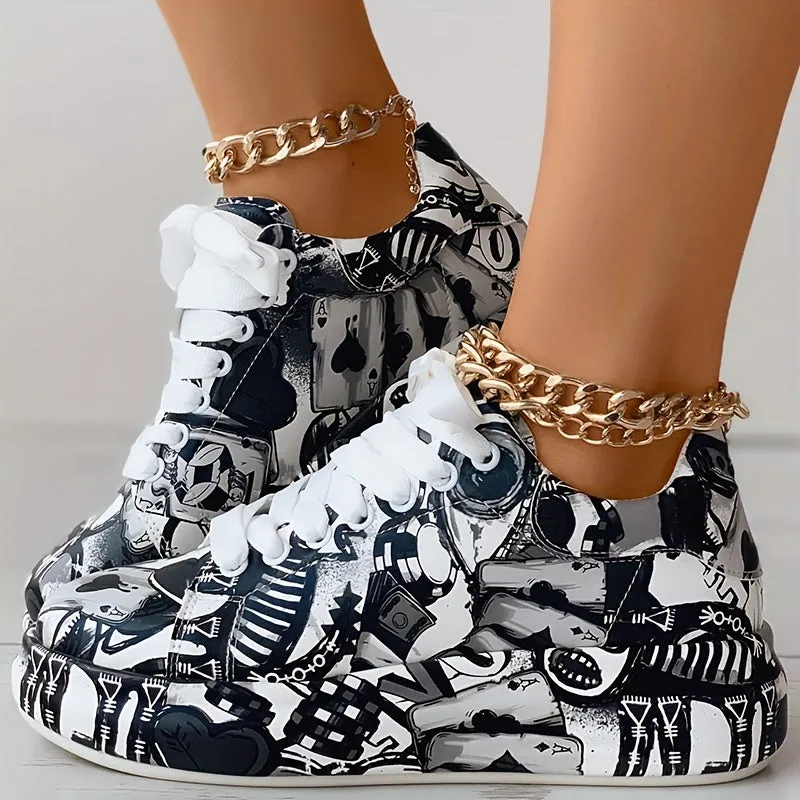 Women's Graffiti Print Platform Sneakers, Lace-Up Low Top Casual Skate Shoes