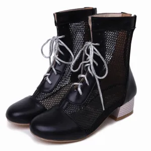 Women's Hollow Out Block Heels Short Boots