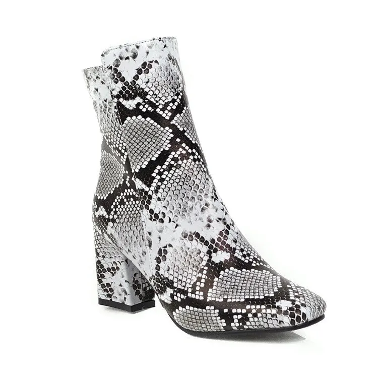 Women's Snake Pattern Square Toe Side Zippers Block Heel Short Boots