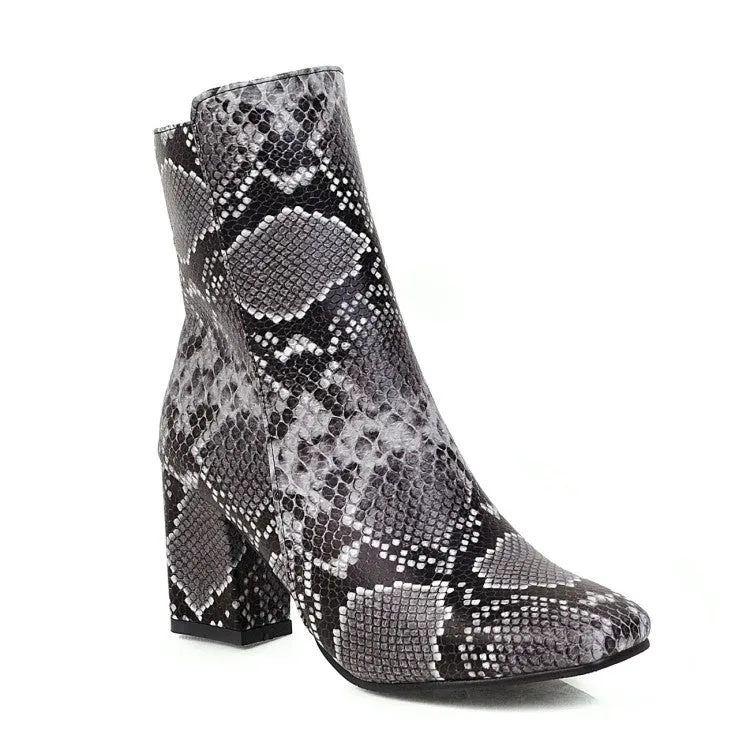 Women's Snake Pattern Square Toe Side Zippers Block Heel Short Boots