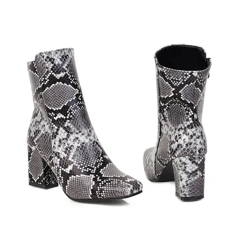 Women's Snake Pattern Square Toe Side Zippers Block Heel Short Boots