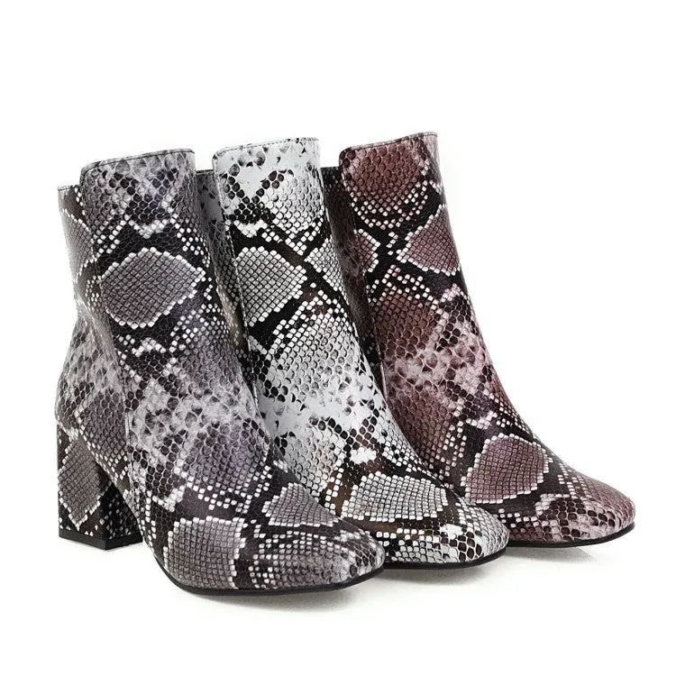 Women's Snake Pattern Square Toe Side Zippers Block Heel Short Boots