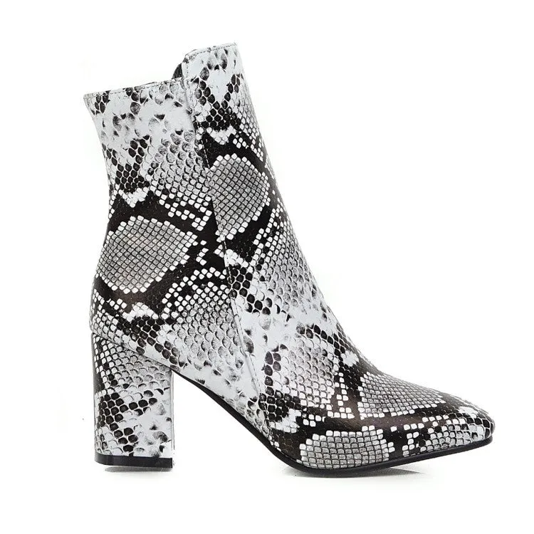 Women's Snake Pattern Square Toe Side Zippers Block Heel Short Boots