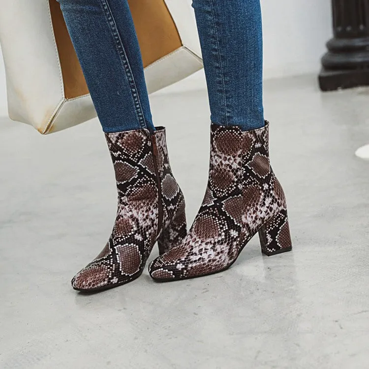 Women's Snake Pattern Square Toe Side Zippers Block Heel Short Boots