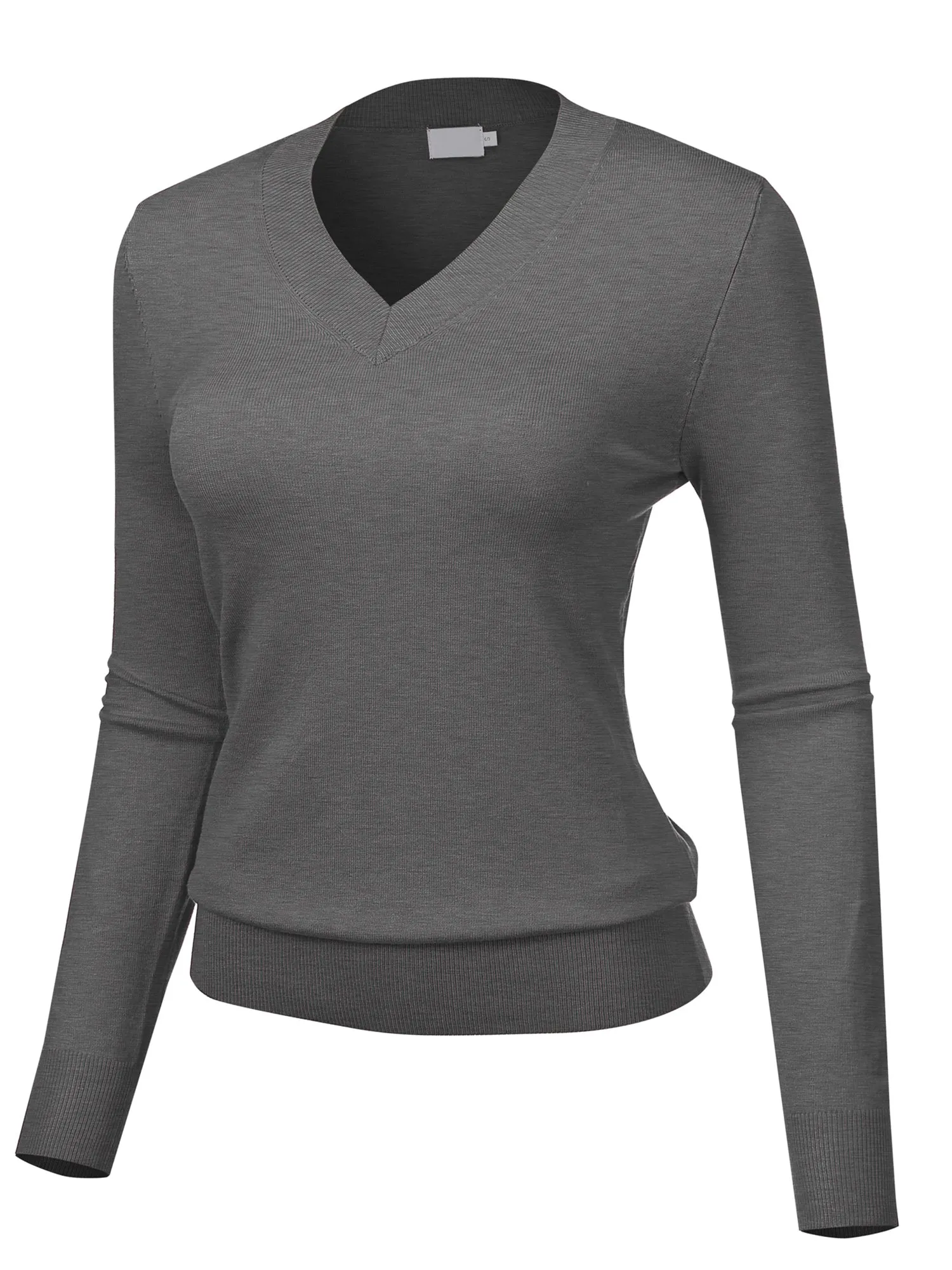 Women's Solid Classic Long-Sleeve V Neck Knit Sweater Top (FWT1094)