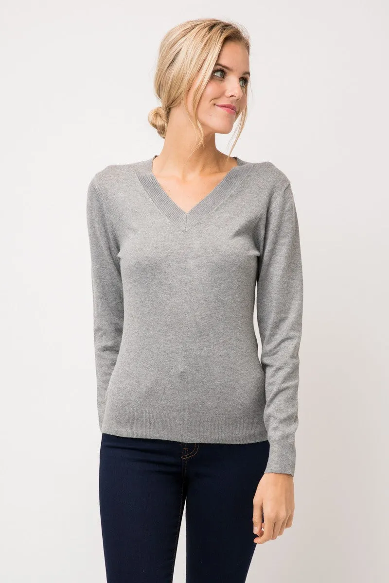 Women's Solid Classic Long-Sleeve V Neck Knit Sweater Top (FWT1094)