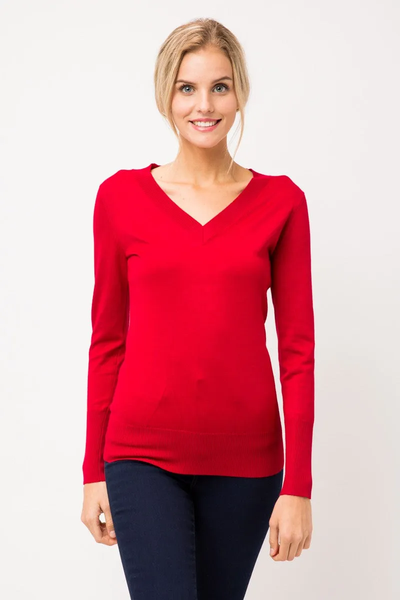 Women's Solid Classic Long-Sleeve V Neck Knit Sweater Top (FWT1094)