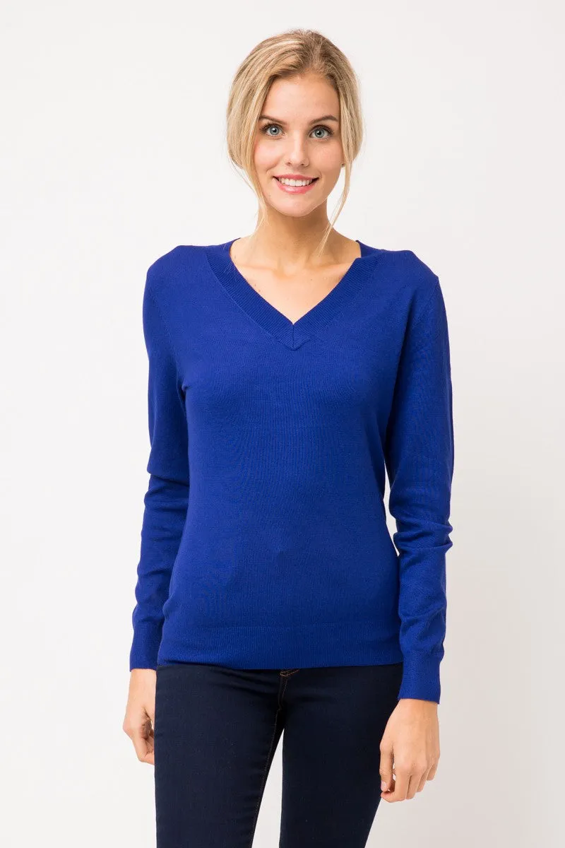 Women's Solid Classic Long-Sleeve V Neck Knit Sweater Top (FWT1094)