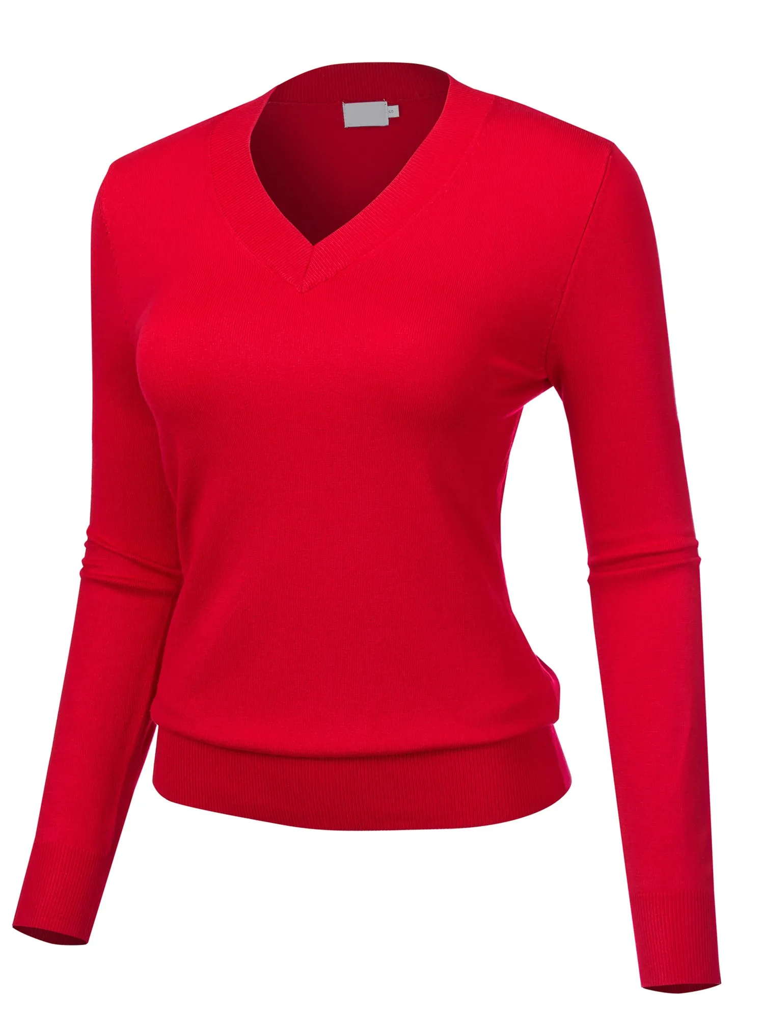 Women's Solid Classic Long-Sleeve V Neck Knit Sweater Top (FWT1094)