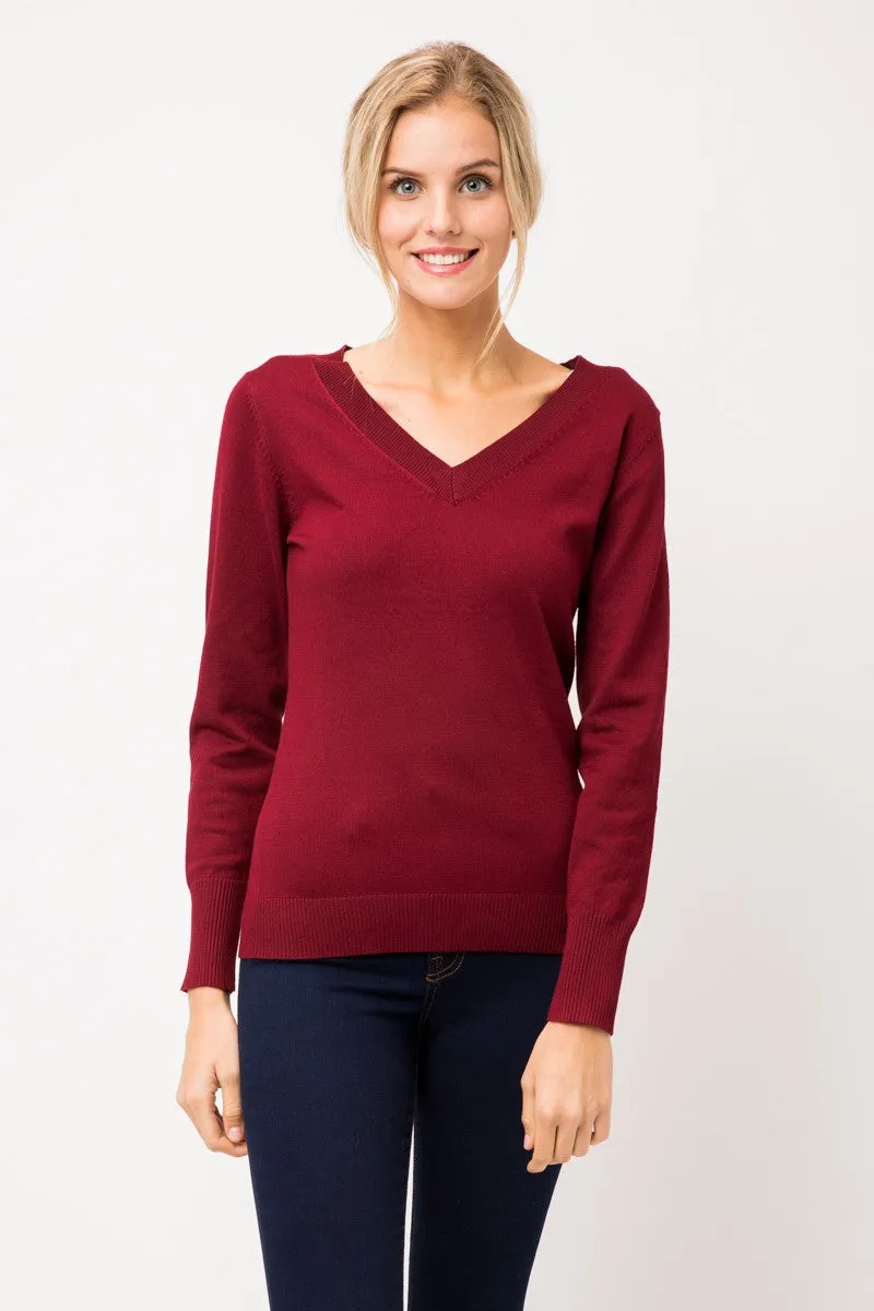 Women's Solid Classic Long-Sleeve V Neck Knit Sweater Top (FWT1094)