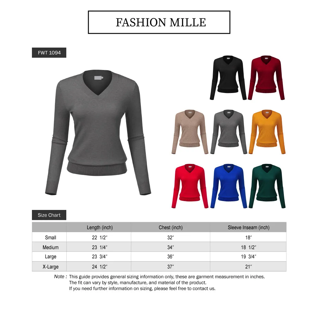 Women's Solid Classic Long-Sleeve V Neck Knit Sweater Top (FWT1094)