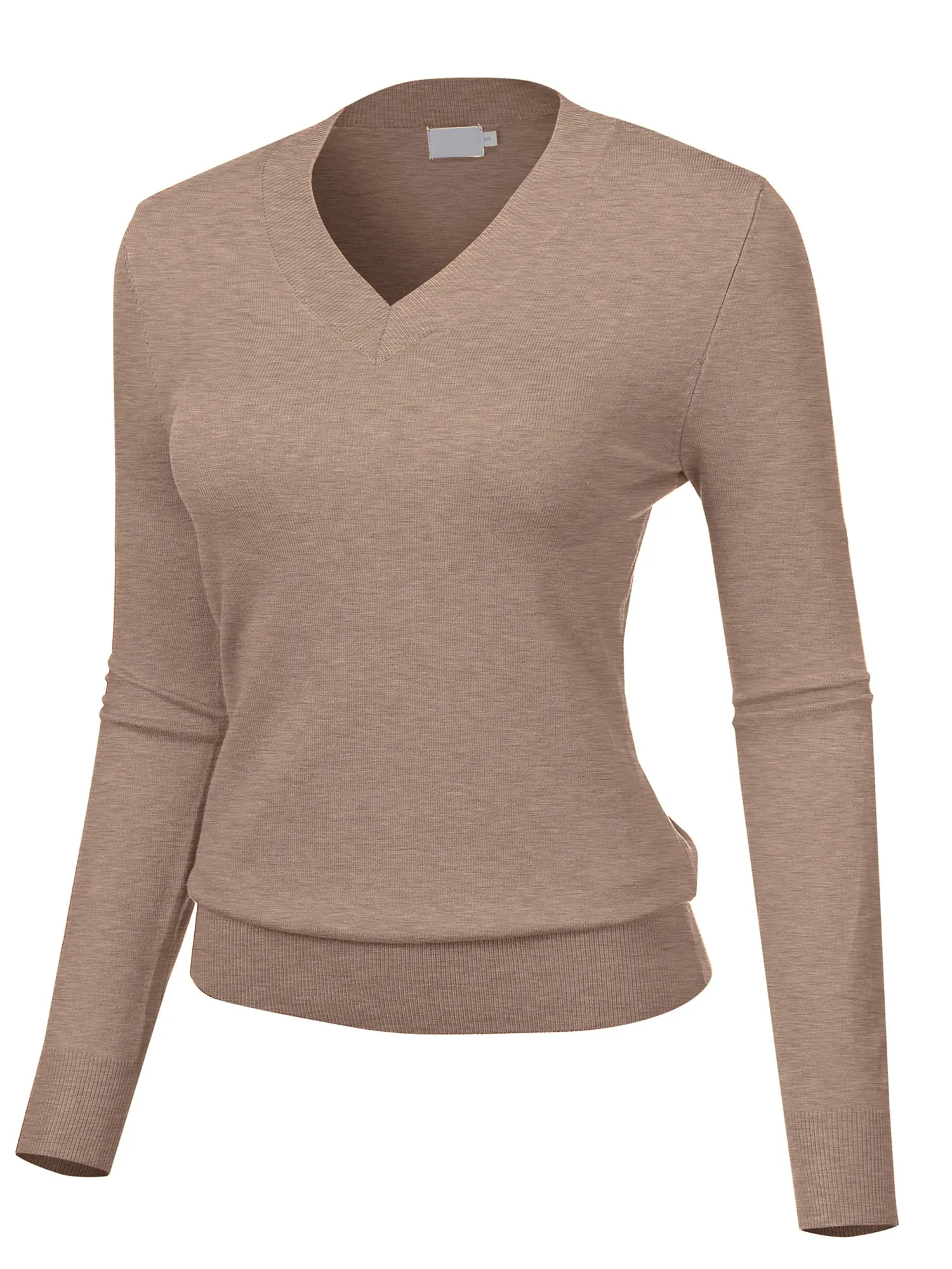 Women's Solid Classic Long-Sleeve V Neck Knit Sweater Top (FWT1094)