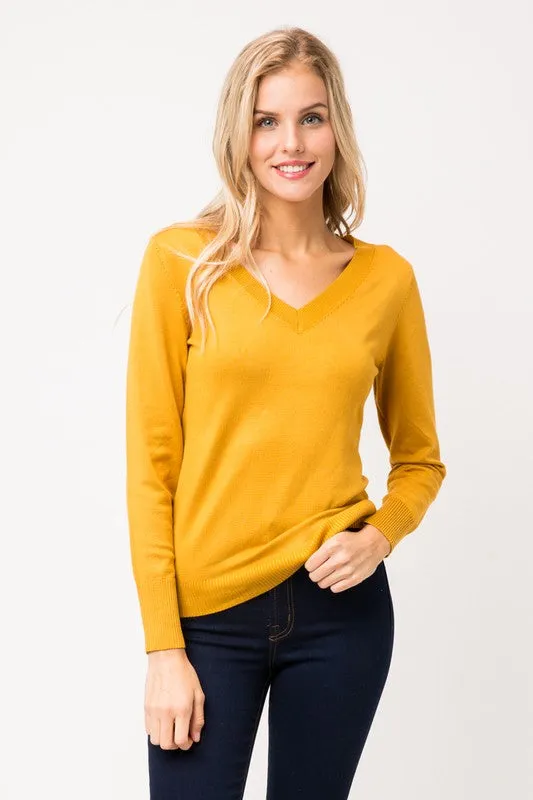 Women's Solid Classic Long-Sleeve V Neck Knit Sweater Top (FWT1094)