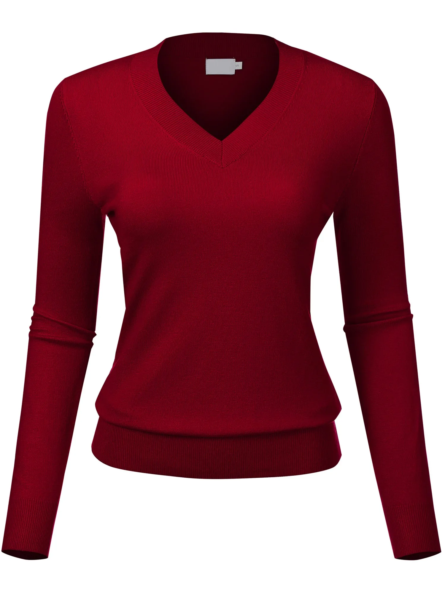 Women's Solid Classic Long-Sleeve V Neck Knit Sweater Top (FWT1094)