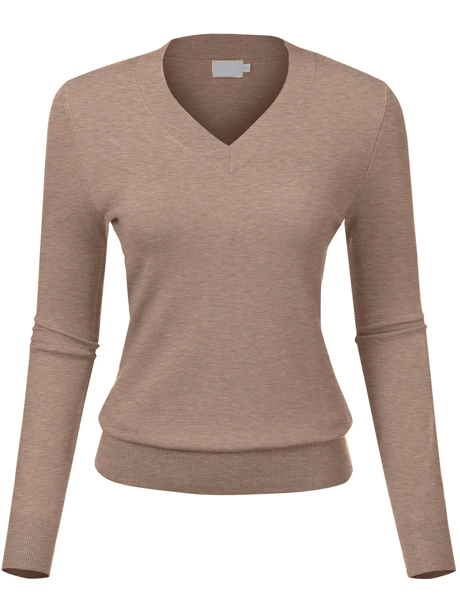 Women's Solid Classic Long-Sleeve V Neck Knit Sweater Top (FWT1094)