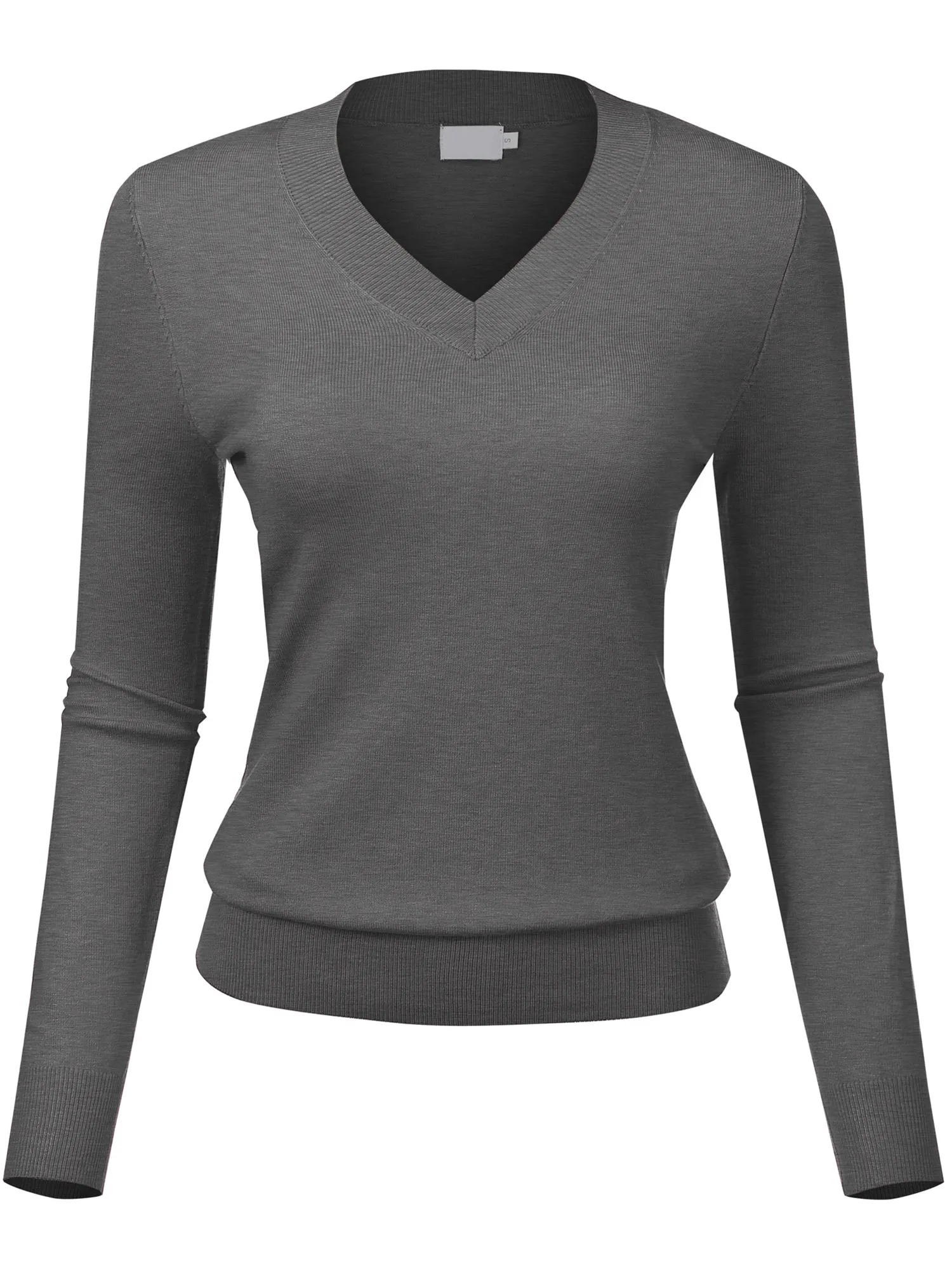 Women's Solid Classic Long-Sleeve V Neck Knit Sweater Top (FWT1094)